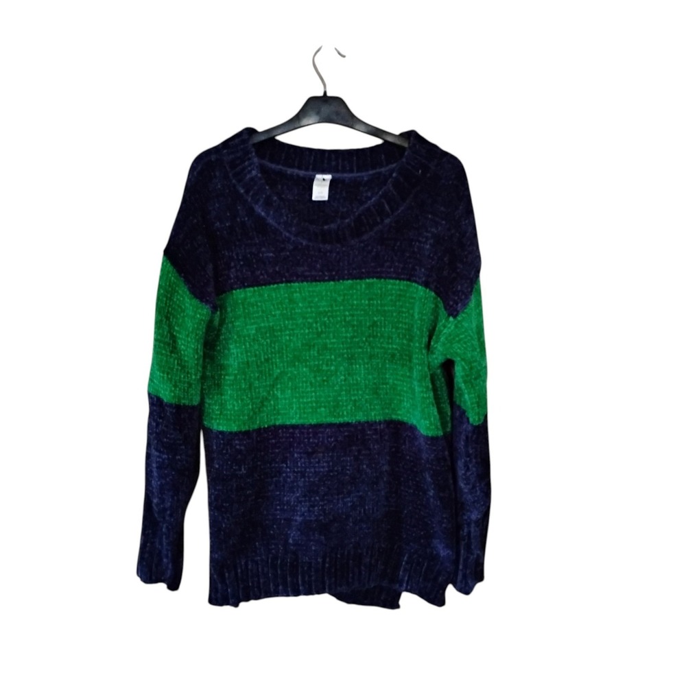 Offline by Aerie Chenille Sweater Navy Blue Green Colorblock Pullover Small